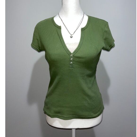Vtg Y2k Energie Green Top Lace Lined V-Neck Ribbed Tee - Picture 1 of 2